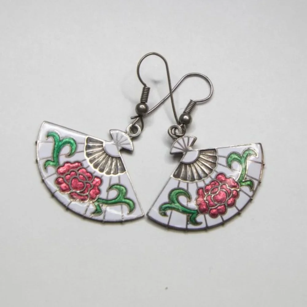 Vintage Cloisonné Floral Fan Silver Tone Earrings